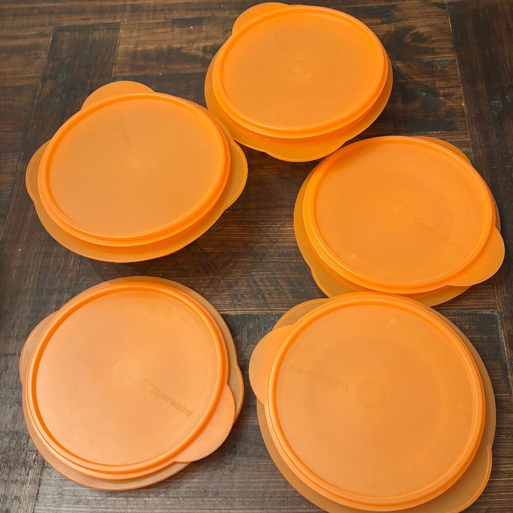 Tupperware Orange Round Food Storage Containers with Lids and one green